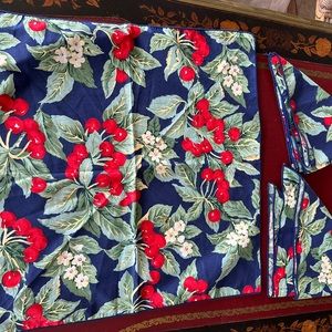 Vintage unused 3 cotton Napkins Cherry Print Blue Red Green 21x21